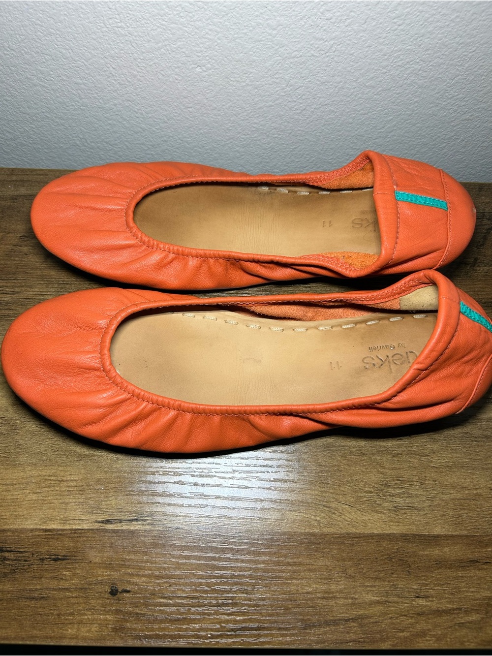 Tieks Orange Leather Ballet Flats with Teal Accent - Picture 2 of 7